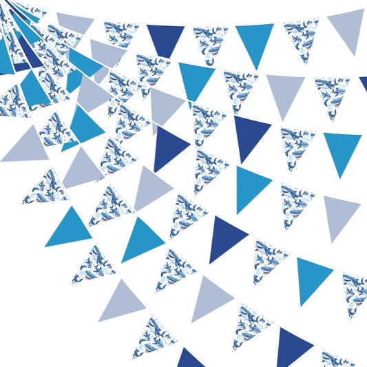 32Ft Shark Party Decorations Blue Cute Shark Triangle Flag Pennant Banner Fabric Garland Streamer