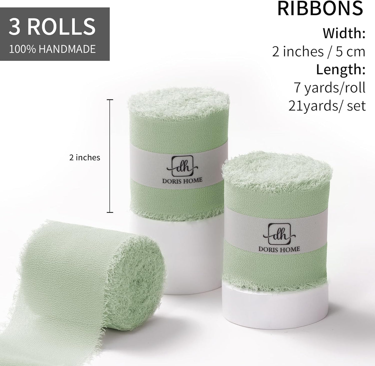 DORIS HOME Sage Green Chiffon Ribbon for Flower Bouquet, 2" x21Yd Fabric Ribbon for Gift Wrapping