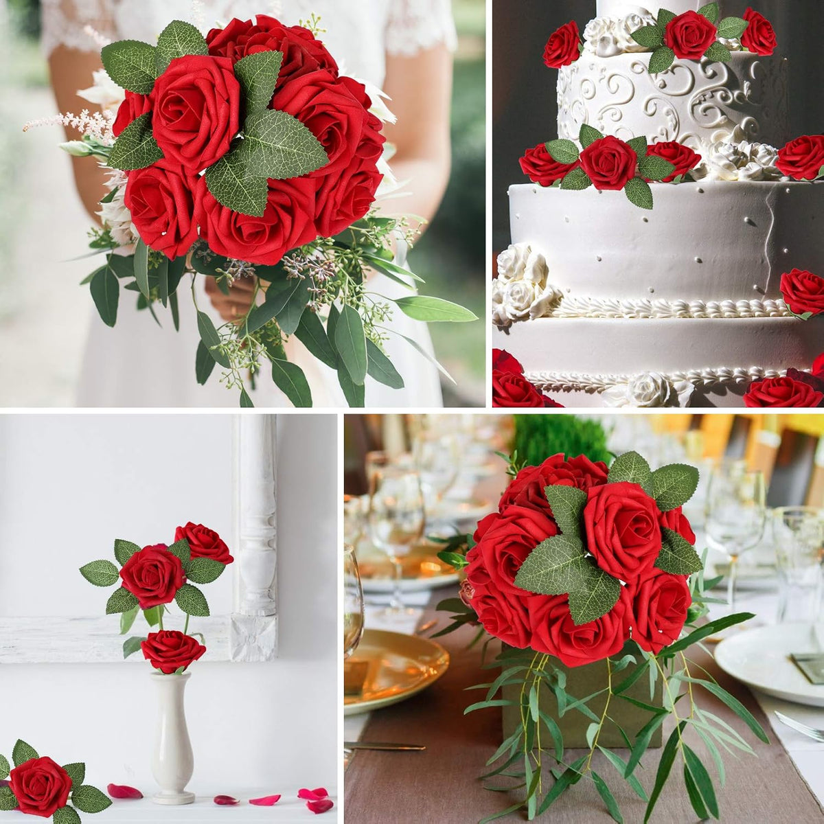 AmyHomie Artificial Flower Dark Red Rose 25pcs Real Looking Fake Roses w/Stem for DIY Wedding