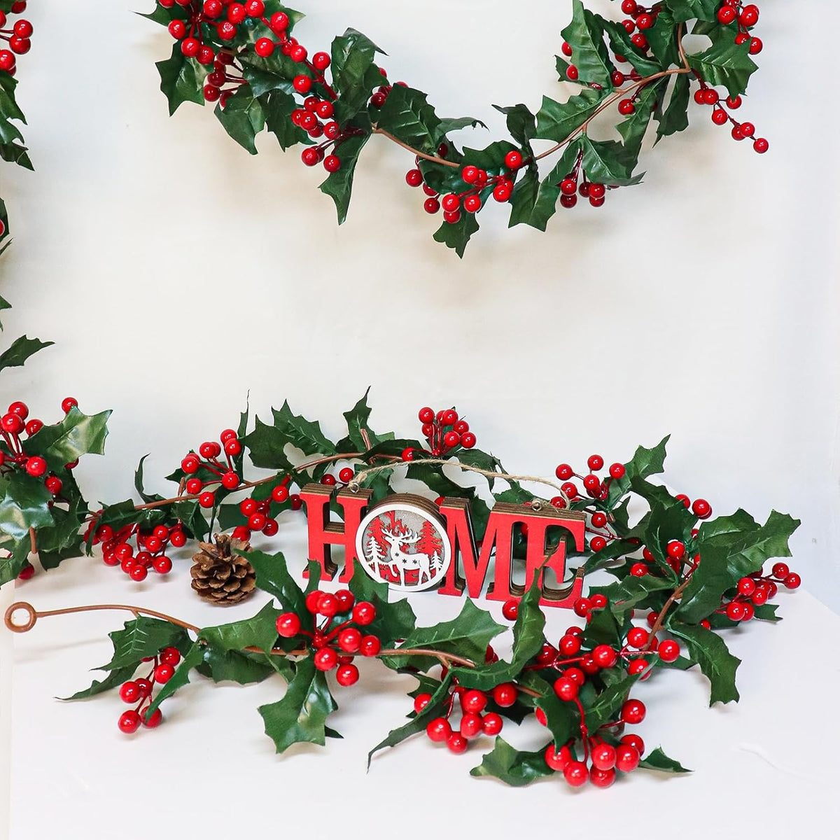 Uguisu 2pcs 5.6ft Red Artificial Christmas Garland,Eucalyptus Green Garland with Berry Flower