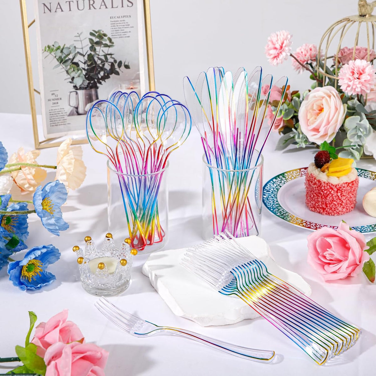 Supernal 120 PCS Clear Plastic Silverware Heavy Duty - Disposable Utensils Rainbow Colorful