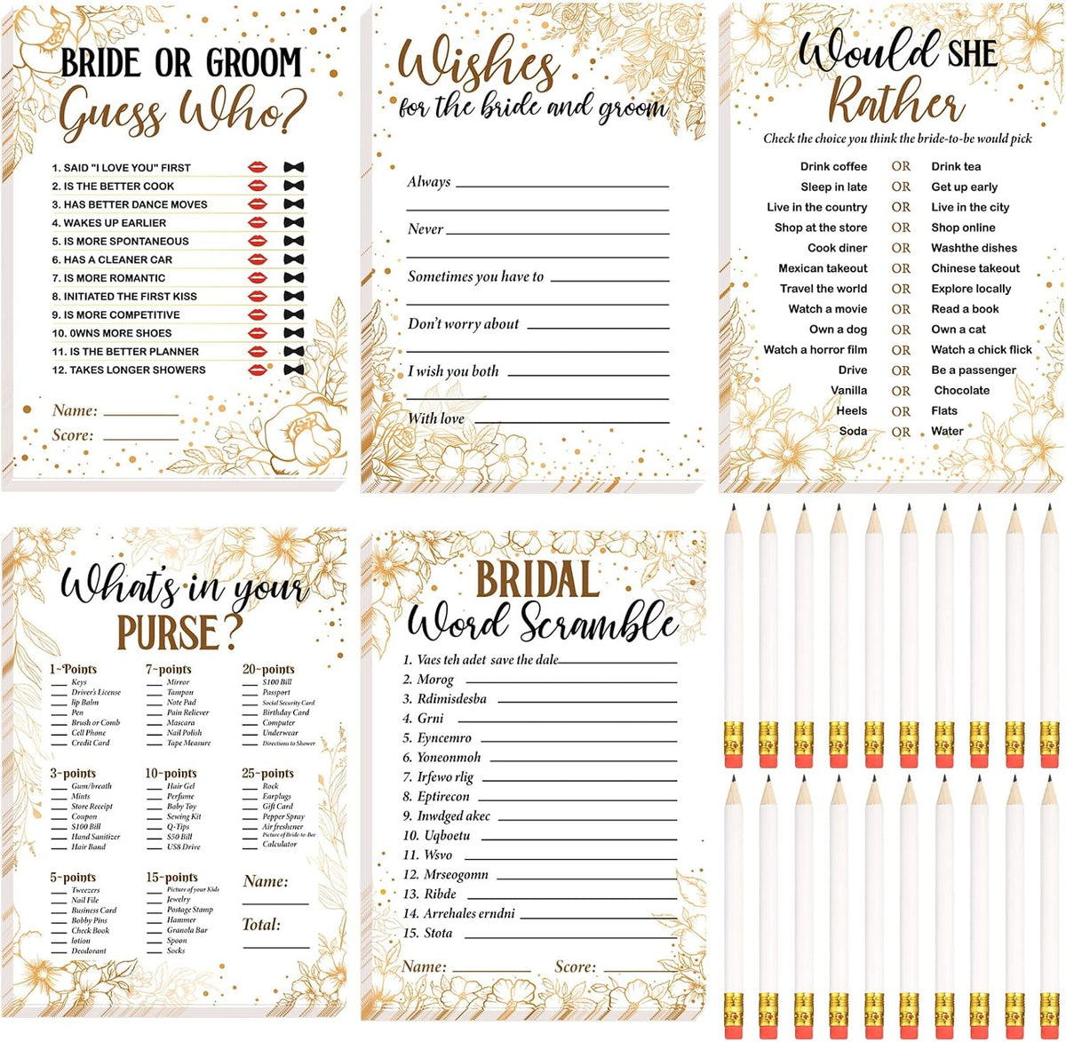 Teling 145 Pieces Bridal Shower Game Bridal Shower Favors Set Wedding Games Cards and Pencils for