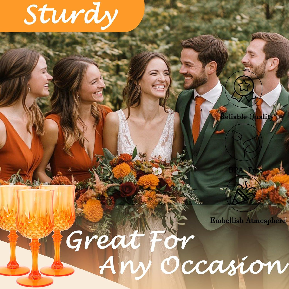 Plastic Wine Glasses，Orange Goblets Vintage Style Cordial Drinking Glasses for Wedding Reception
