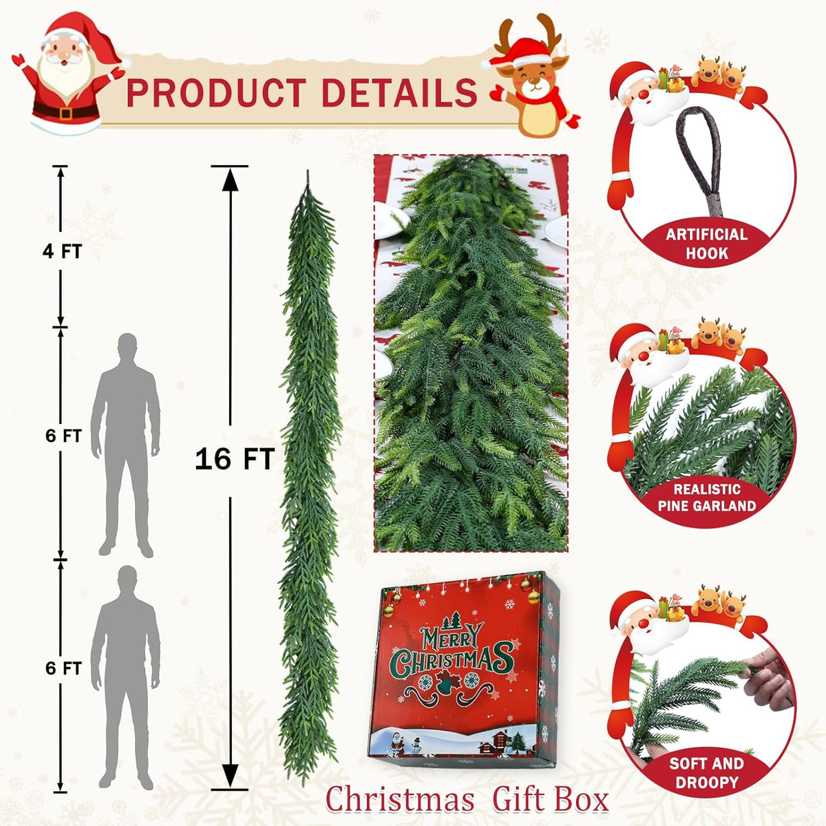 16 Ft Christmas Cedar Garland for Staircase Railing Real Touch Soft Bendable Faux Winter Xmas
