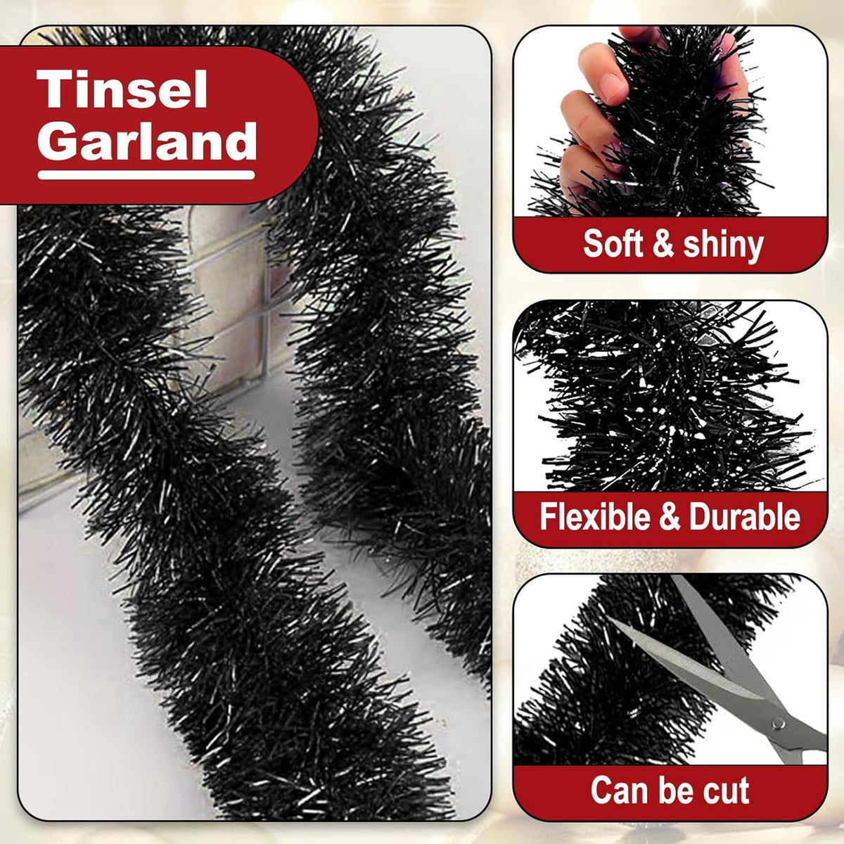 25 Feet Metallic Twist Tinsel Garland - Wall Hanging Backdrop for Parade Floats, Christmas Eve, New