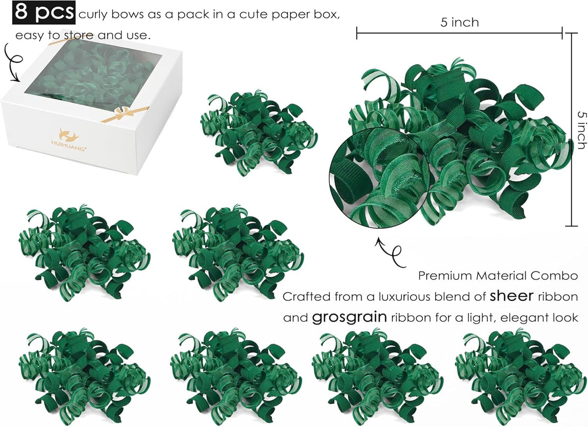 HUIHUANG Green Christmas Bows for Gift Wrapping Curly Gift Bow 5 inch x 8 Counts Forest Green