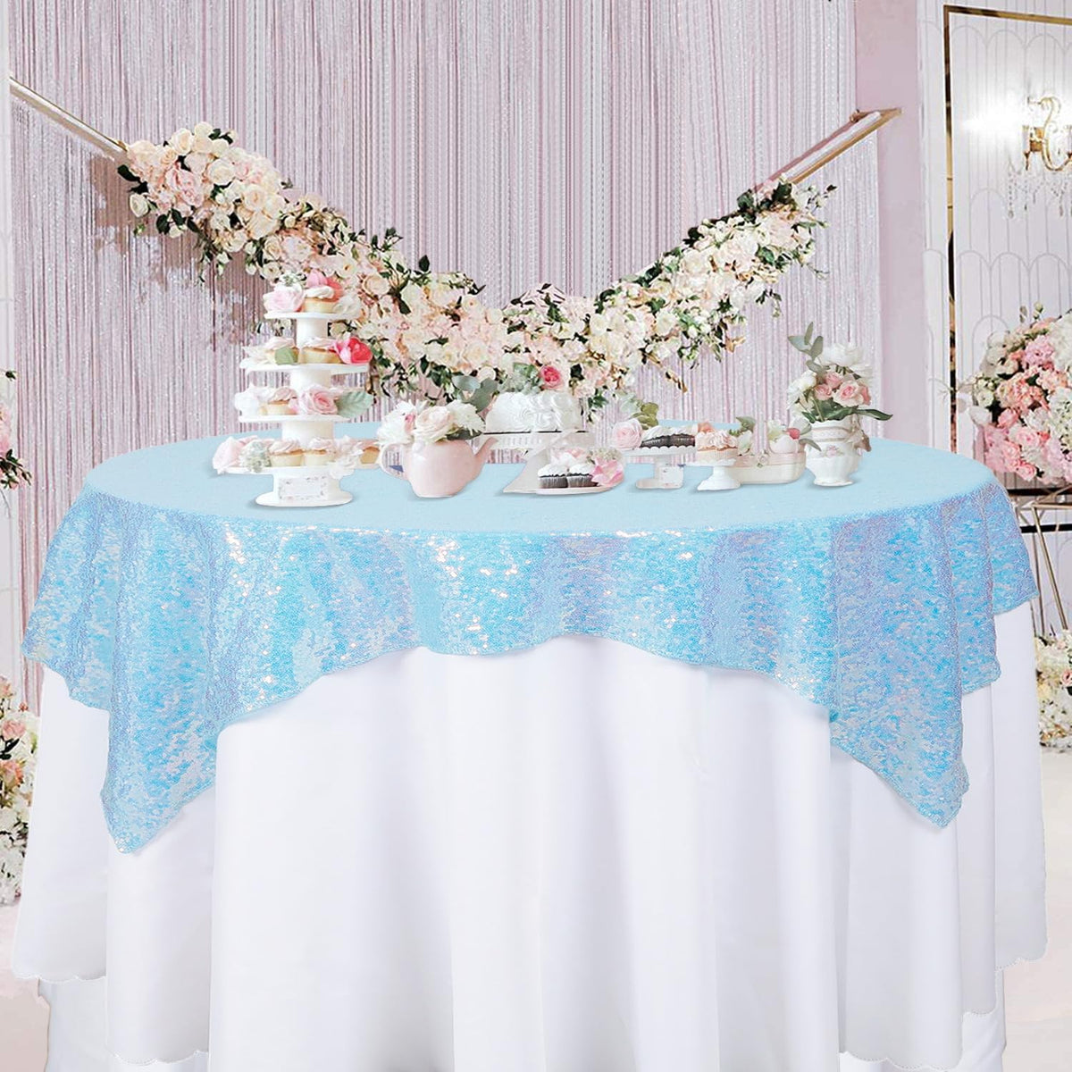 ShinyBeauty Iridescent Aqua Sequin Tablecloth Square Tablecloths Glitter Table Overlay Aqua Blue