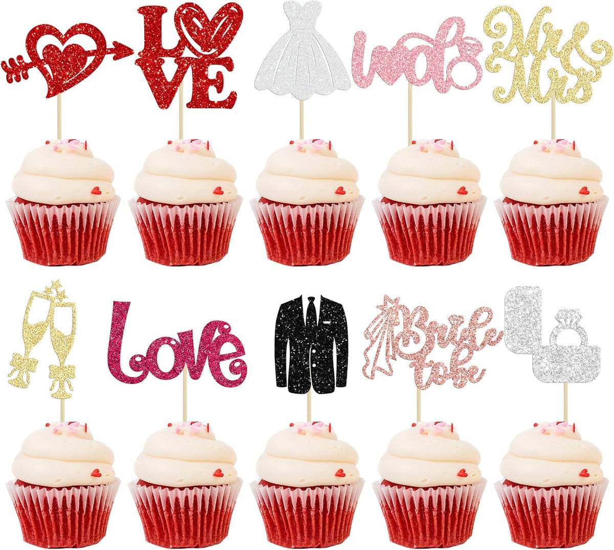Ephlyn 30Pcs Bride to be Cupcake Toppers Glitter Wedding Cake Topper Decorations I Do Love Heart