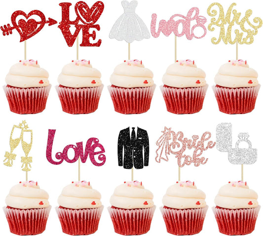 Ephlyn 30Pcs Bride to be Cupcake Toppers Glitter Wedding Cake Topper Decorations I Do Love Heart