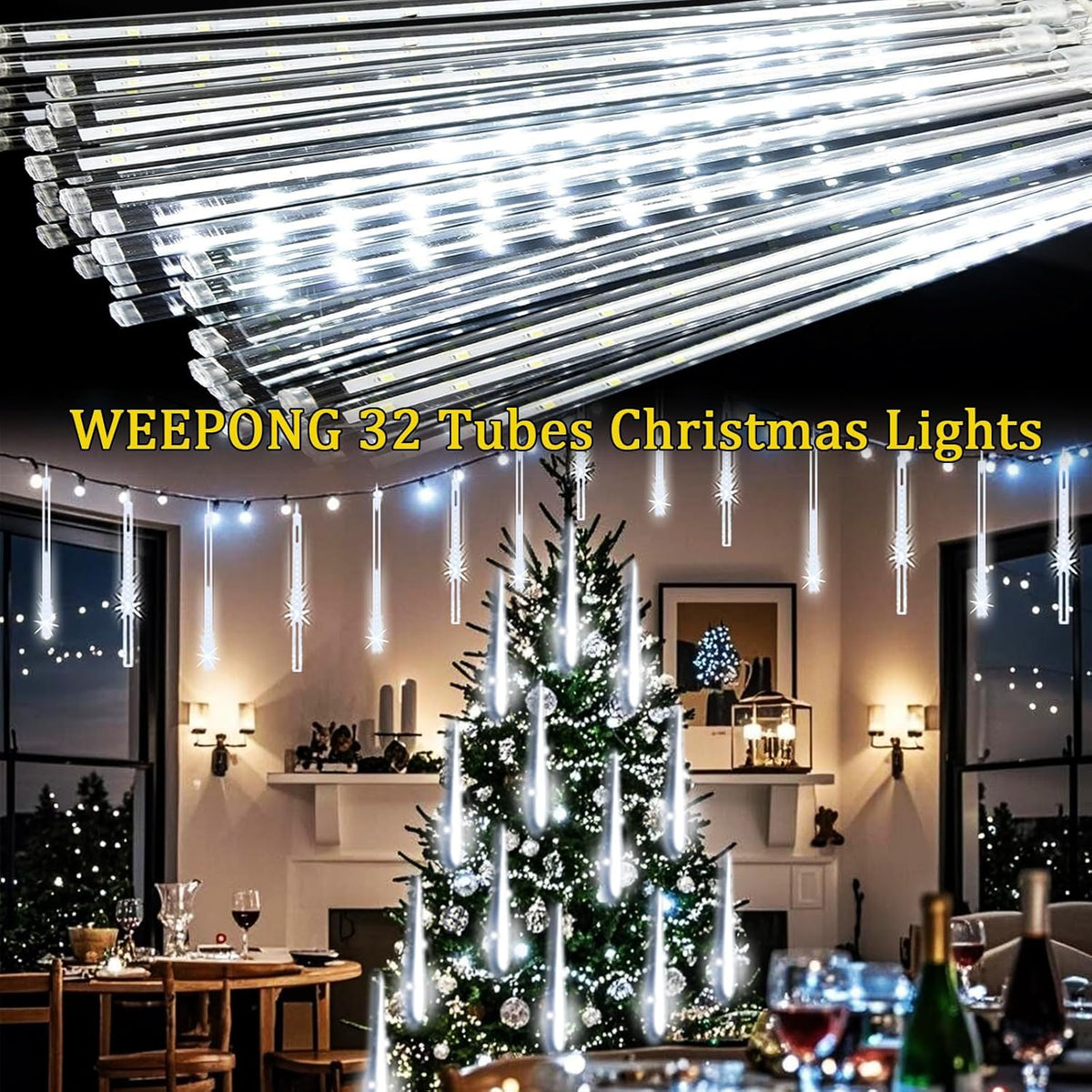 Christmas Lights Outdoor 32 Tubes 768 LEDs Meteor Shower Lights UL Certified Snow Falling Rain Drop