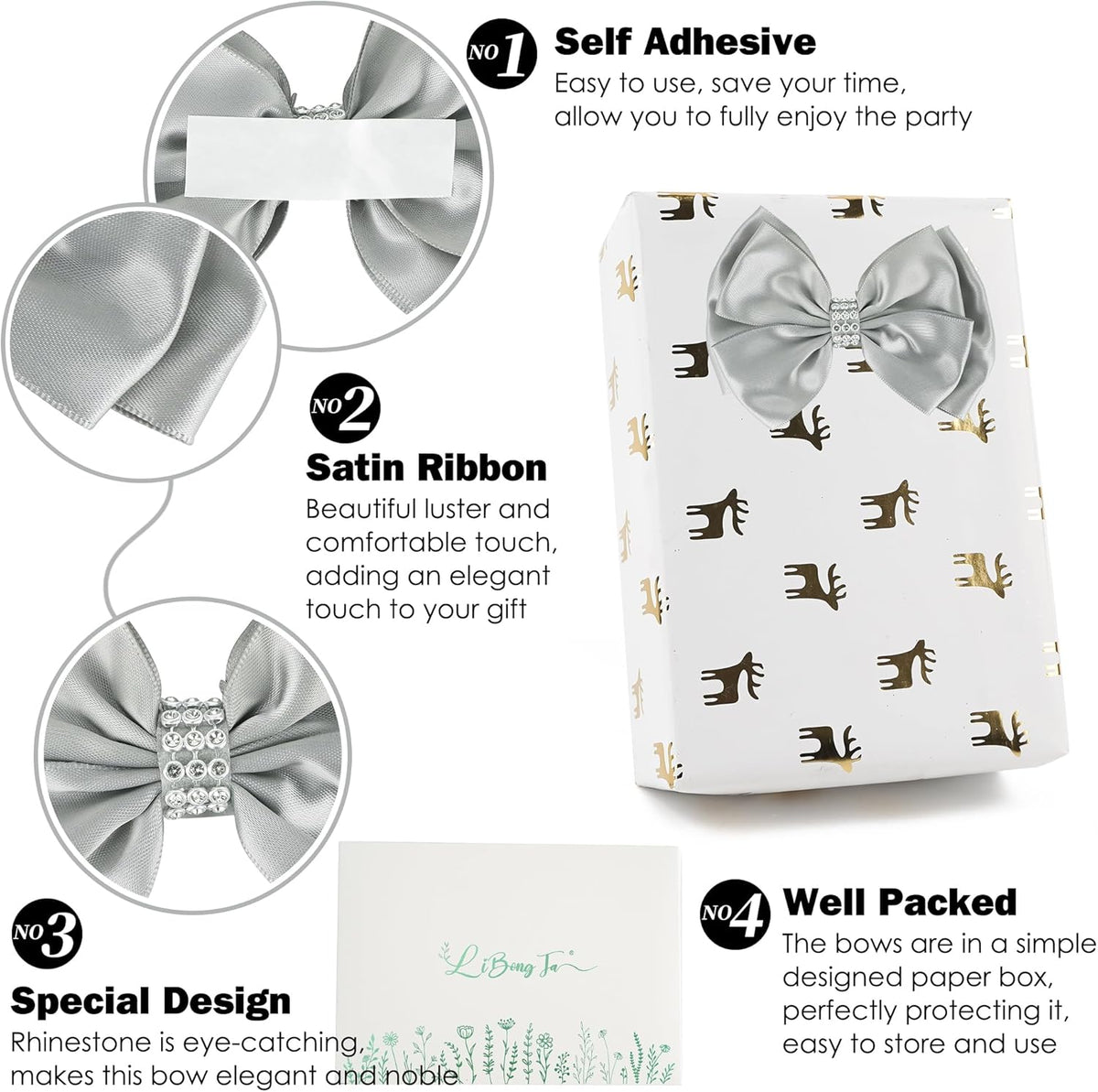 Silver Satin Bows 4'' Premade Ribbon Bow, Silver Gift Bows with Rhinestone, Wrapping Bows for