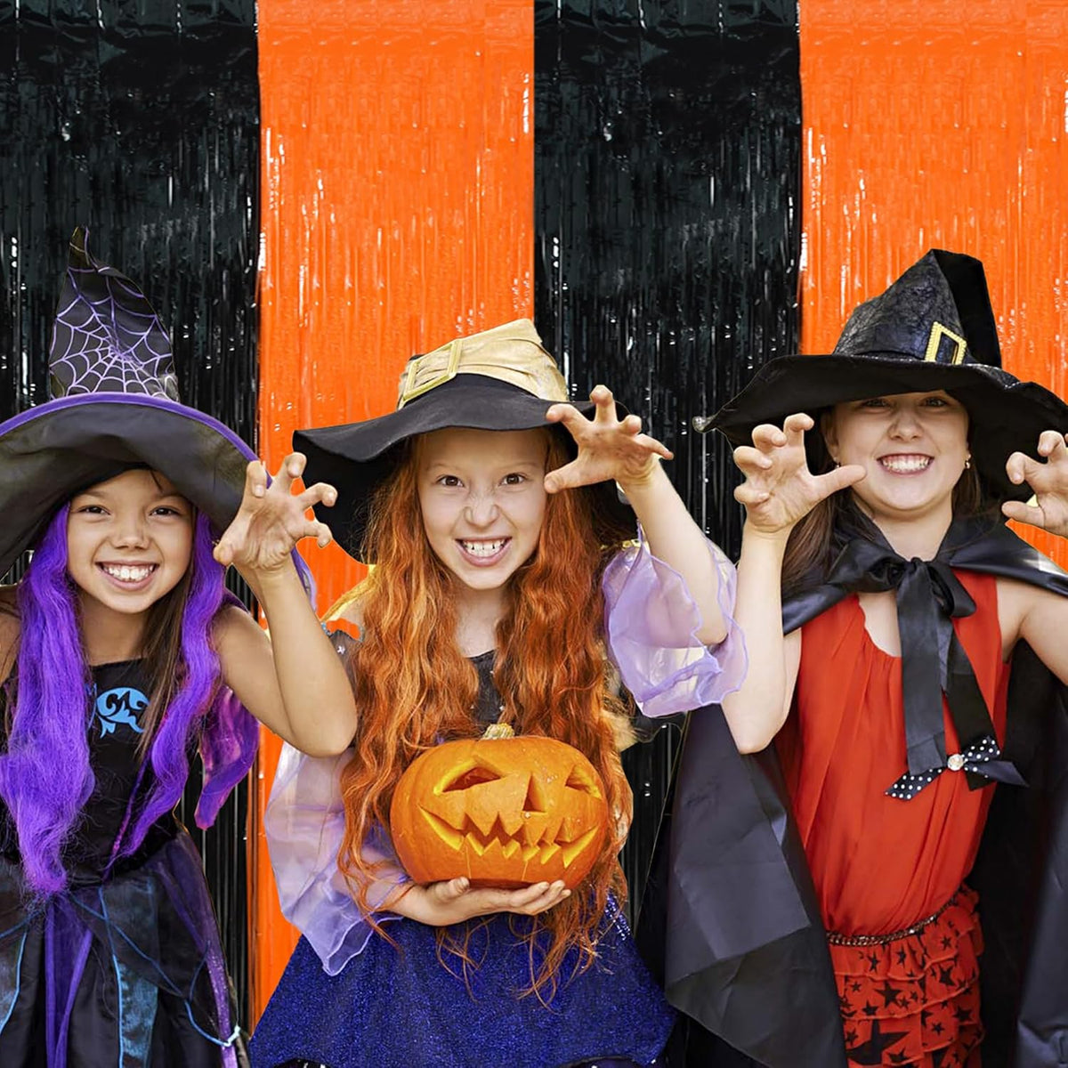 BEISHIDA 2Pcs Orange Black Door Streamer Happy Halloween Backdrop Pumpkins Foil Fringe Tinsel Horry