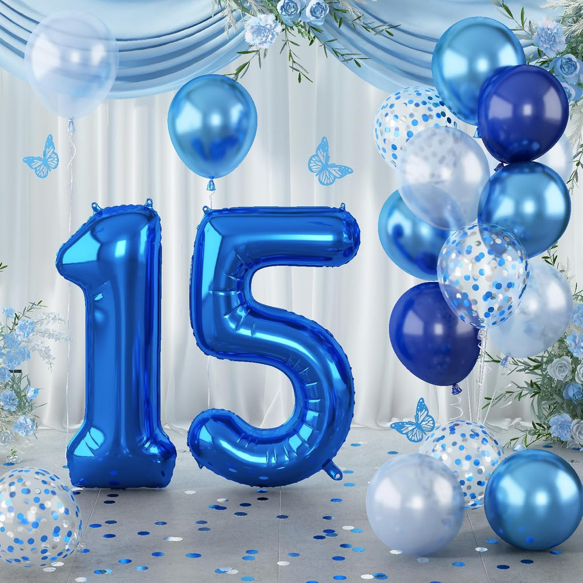15th Birthday Balloon for Boys, Foil 40 Inch Self Inflating Number 15 Metallic Dark Blue, Navy Blue