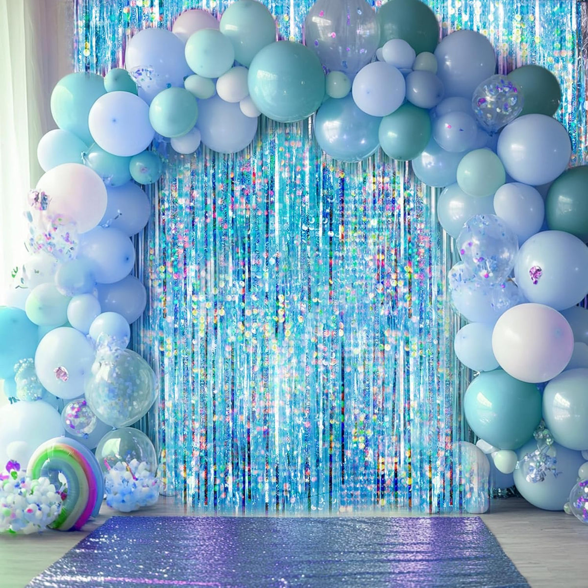 4 Packs Blue Foil Fringe Curtain, Light Blue Glitter Metallic Tinsel Backdrop for Birthday