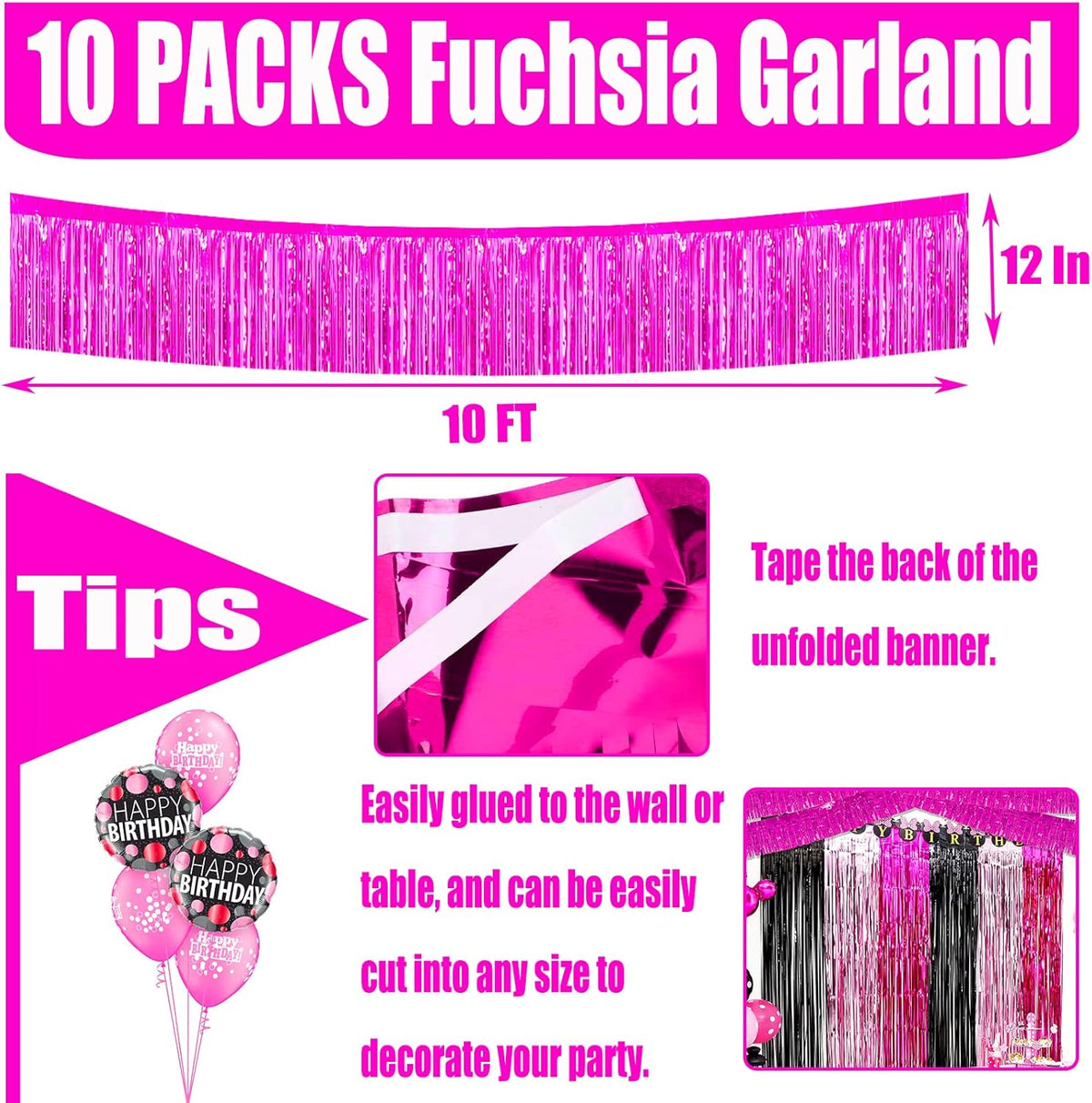 10 Pack 10 Feet Foil Fringe Garland Metallic Tinsel Streamers Banner Wall Hanging Curtain Backdrop