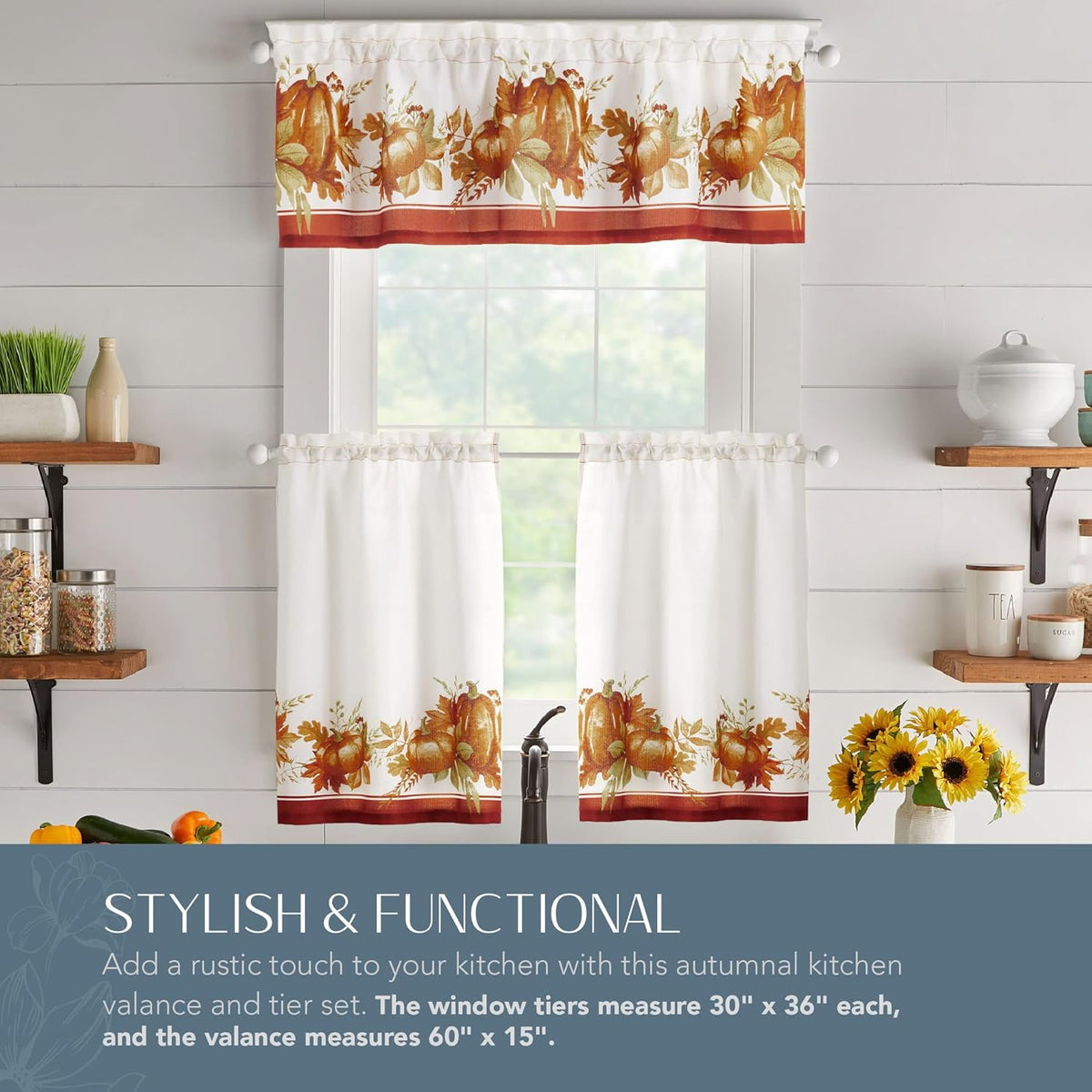 Elrene Home Fashions Autumn Pumpkin Grove Window Tier Set and Kitchen/Café Valance, 60"x36" (Set of