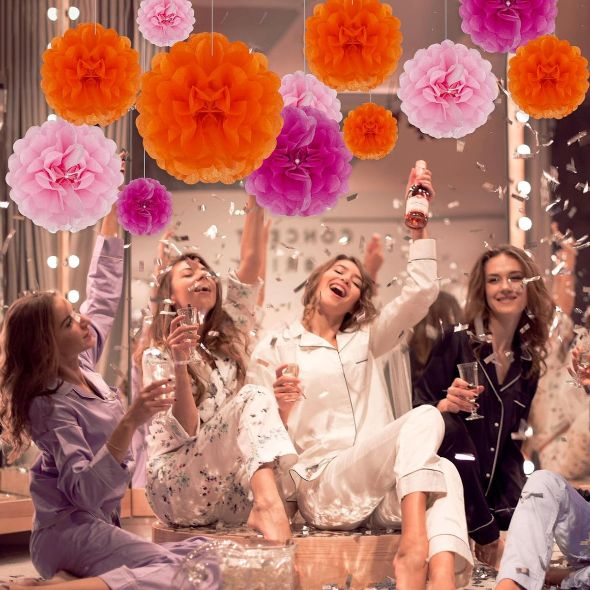 Tissue Paper Pom Poms, Pink,Orange,Fuchsia Tissue Paper Flowers, Hanging Flower Balls for Weddings