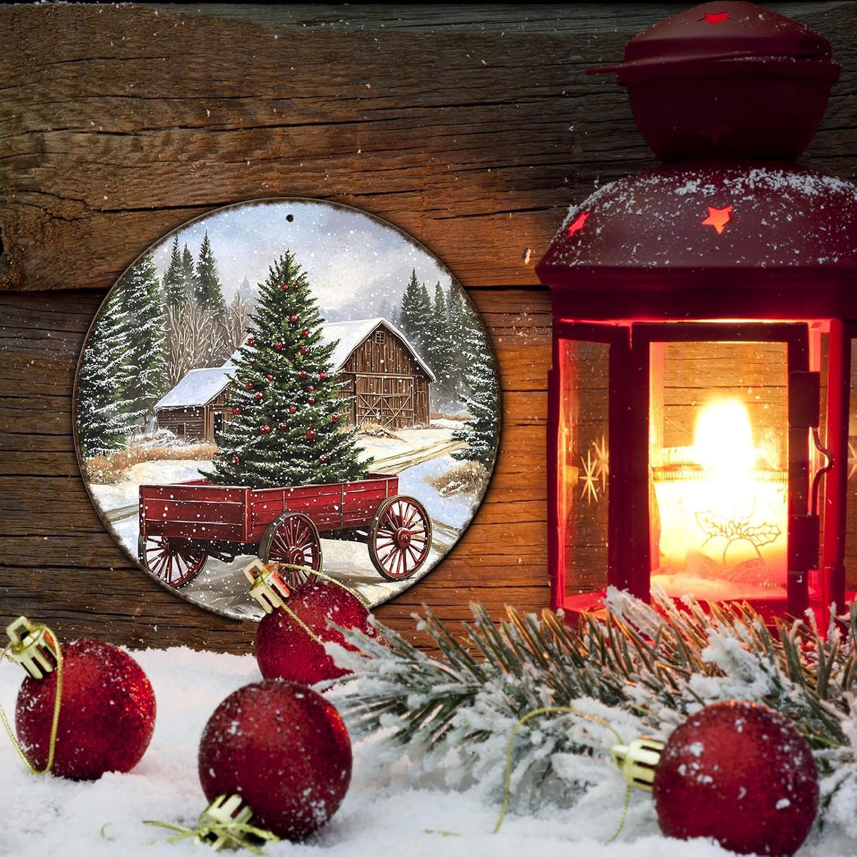 Round Barn Christmas Trees Metal Tin Sign Christmas Vintage Tin Sign Poster For Kitchen Cafe Bar