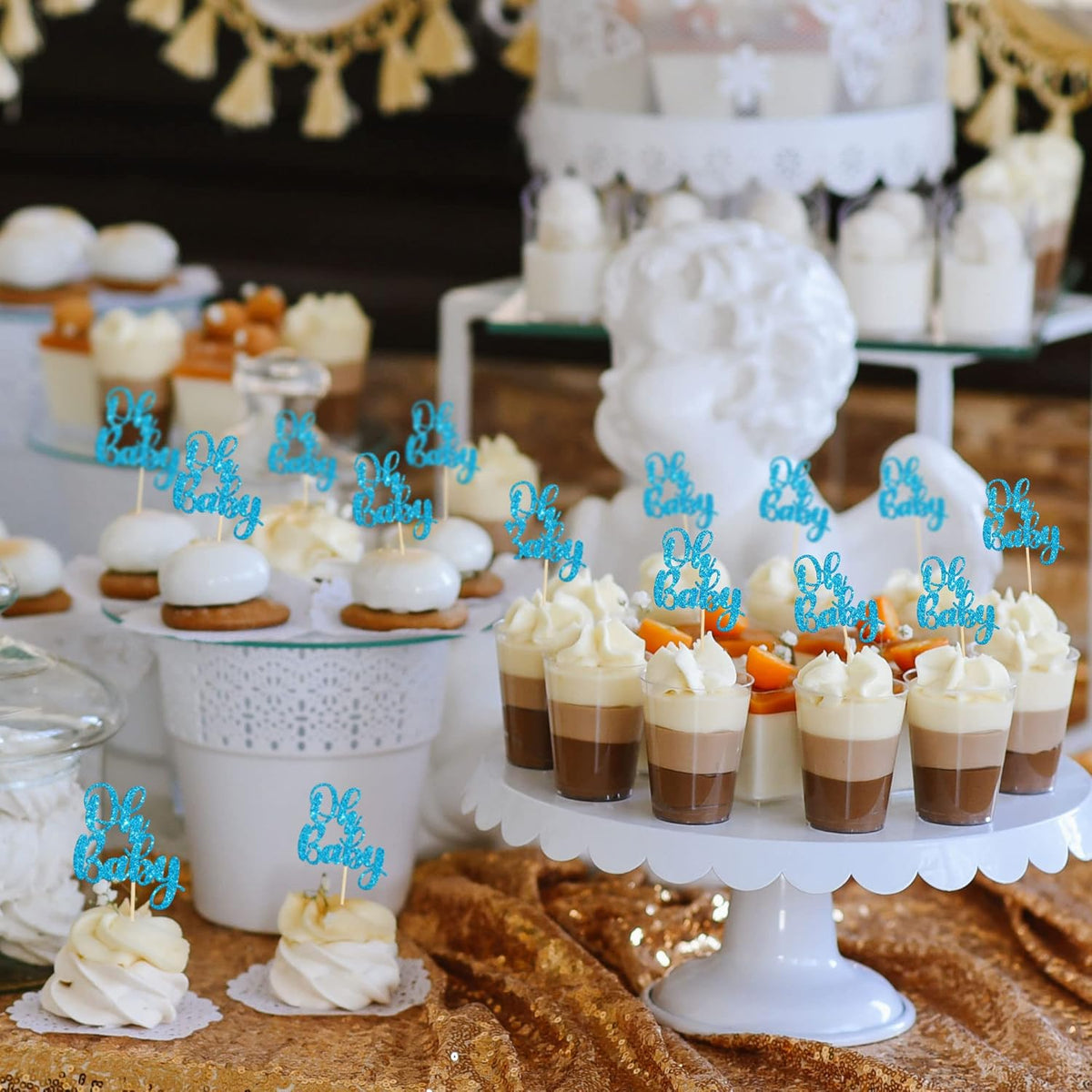 Gyufise 36 Pack Blue Glitter Oh Baby Cake Cupcake Toppers Picks for Wedding Birthday Baby Shower