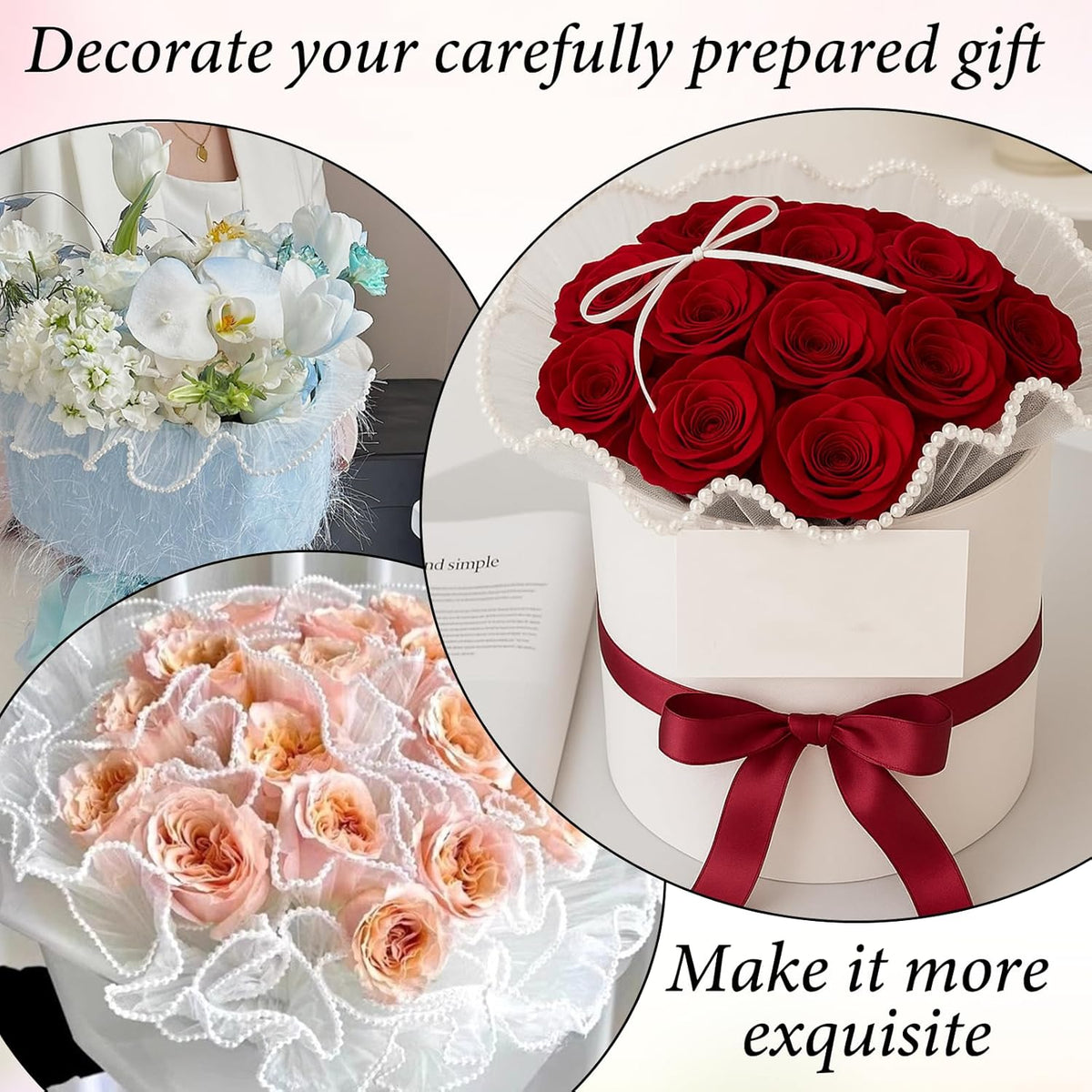 1.5 Inch Faux Pearl Ribbon, Smooth White Ribbon with Pearl Edges Wire, 4.5m Sheer Mesh Ribbons for