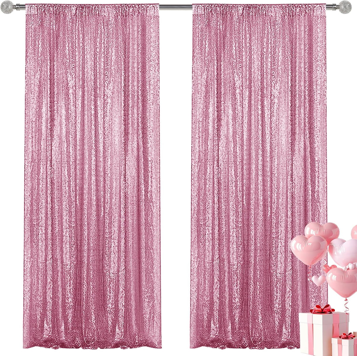 Pink Sequin Backdrop Curtain 2 Pieces 2FTx8FT Glitter Photography Backdrop for Party Wedding