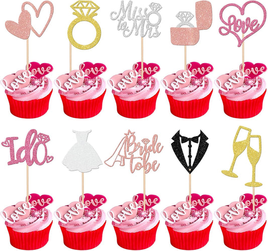 30 PCS Bride to Be Cupcake Toppers Wedding Cake Toppers I Do Love Heart Ring Miss to Mrs Cupcake