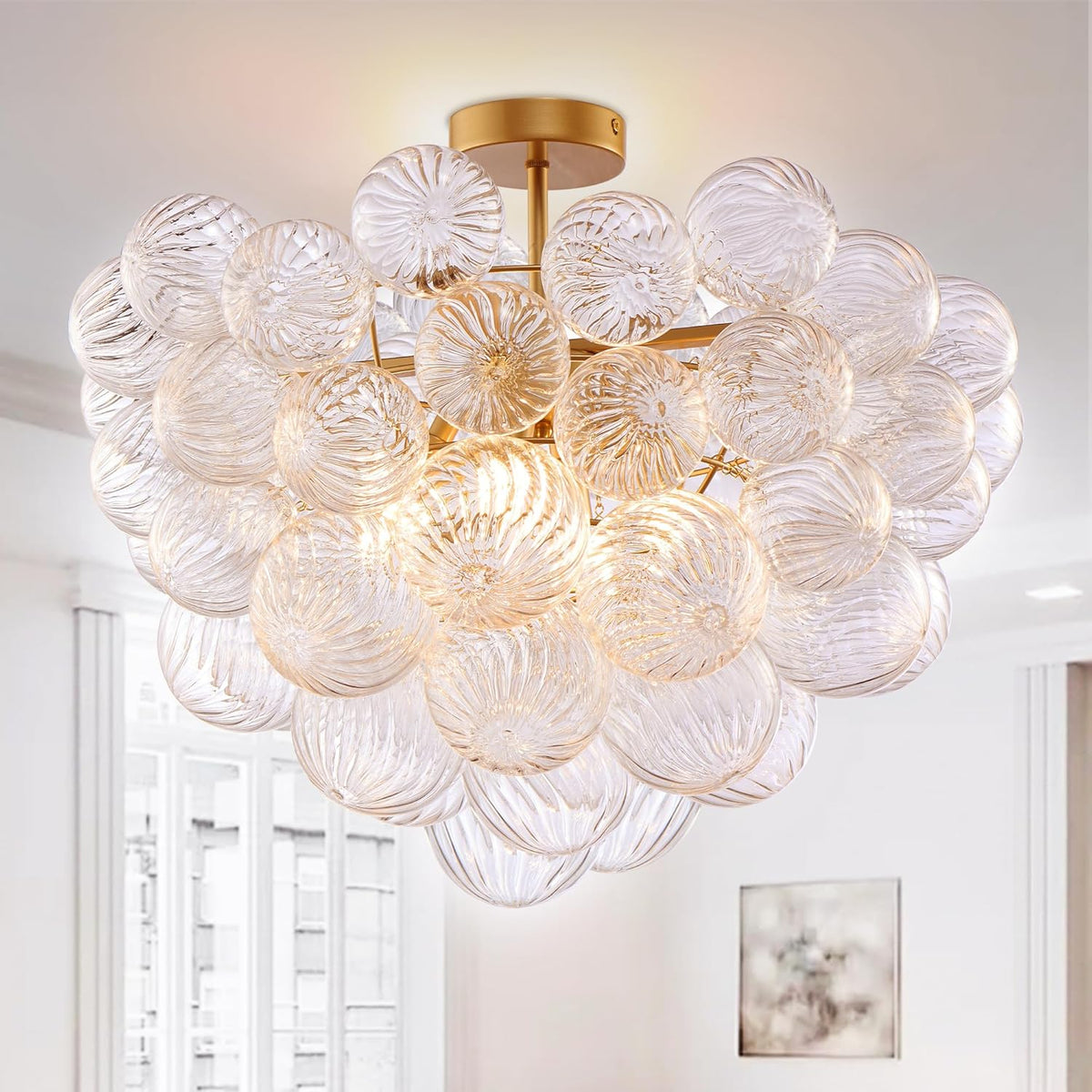 Nordic Bubble Ball Swirled Glass Ceiling Lights Fixture, Dia 24 inch Gild Brass and Clear Blown