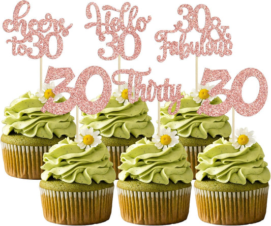 30Pcs Happy 30th Birthday Cupcake Toppers Rose Gold Glitter Thirty Cheers to 30 Birthday Cupcake