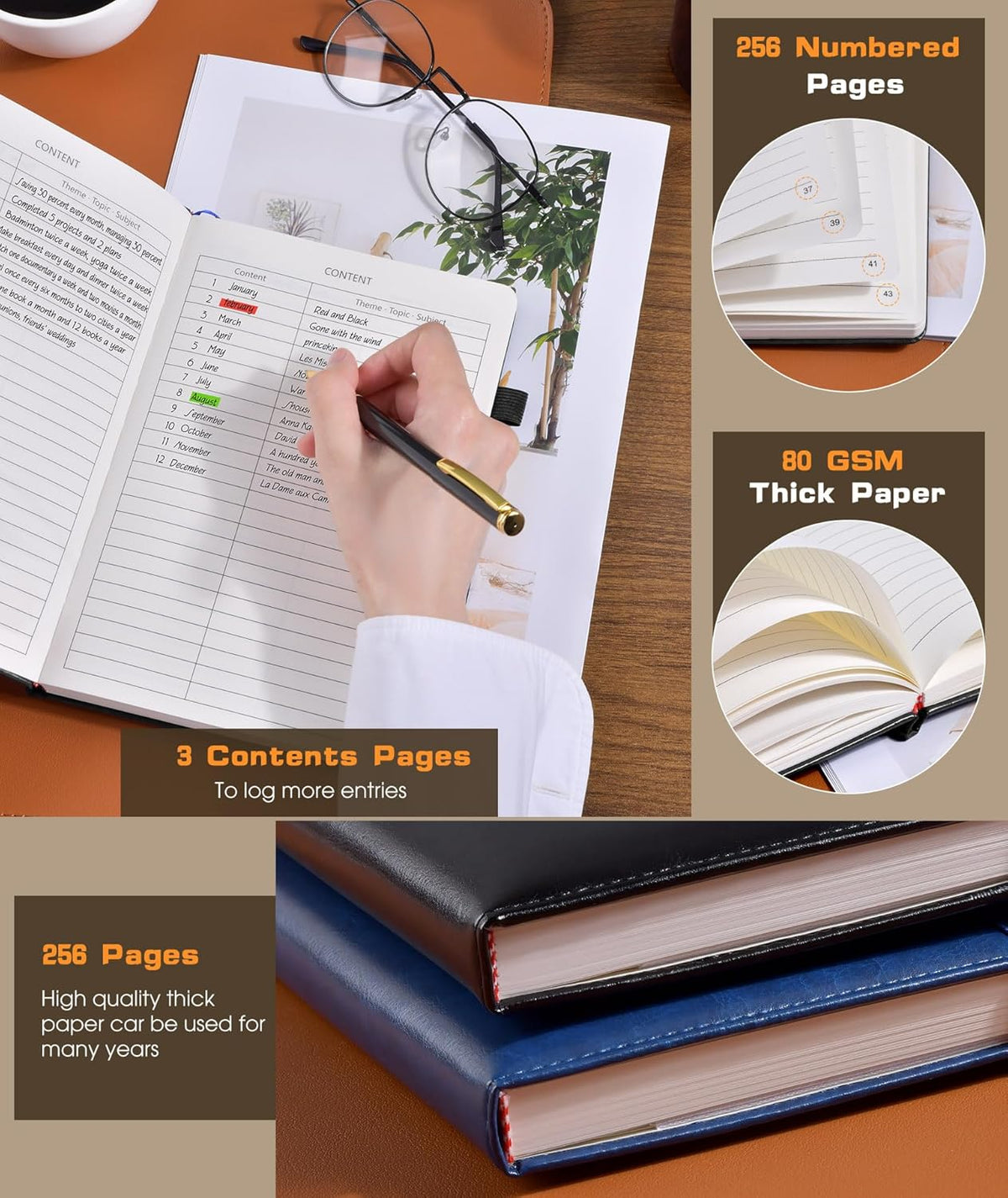 Lined Journal Notebook for Women Men, 256 Numbered Pages Hardcover Leather Journals for Writing, A5