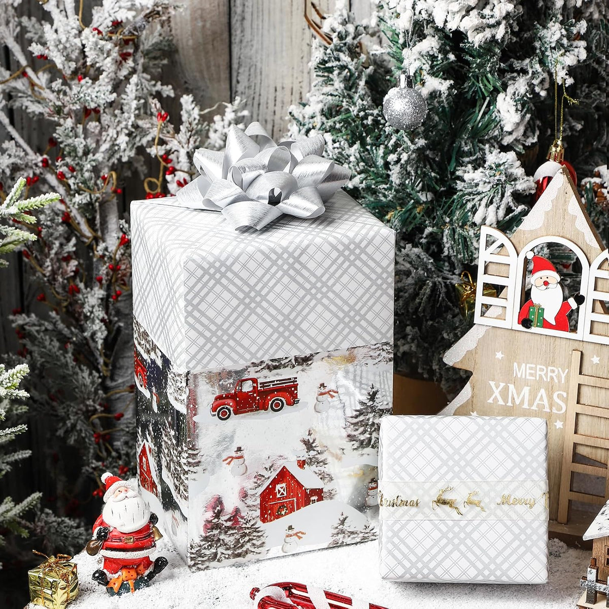 LeZakaa Christmas Silver Wrapping Paper Jumbo Roll for Boy Kid, Red Truck, Snowy Pine Forest & Grid