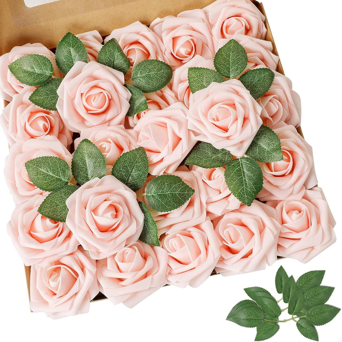 AmyHomie Artificial Flowers Blush Pink Rose 100pcs Real Looking Fake Roses w/Stem for DIY Wedding