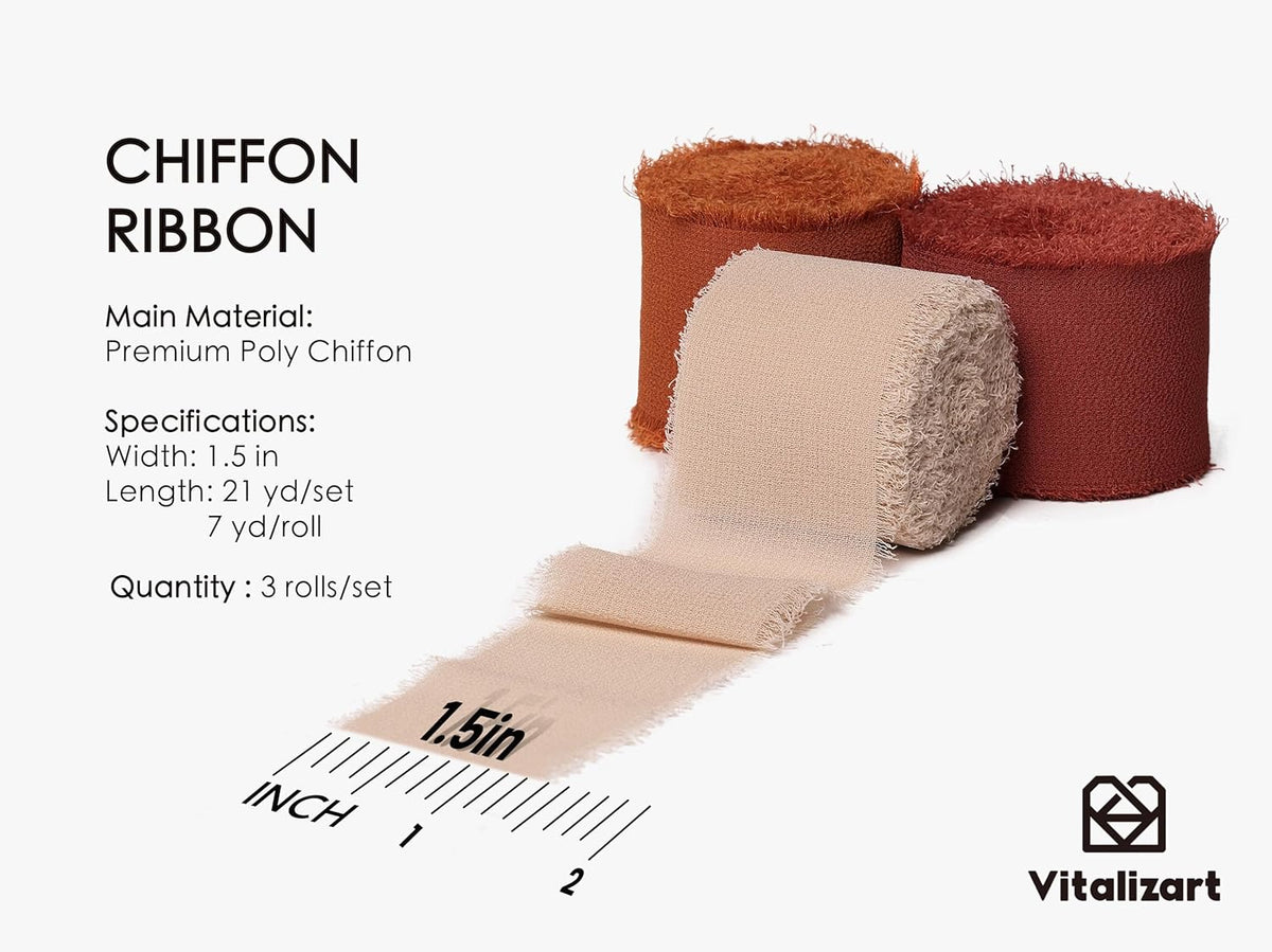 Vitalizart Fall Handmade Chiffon Silk Ribbon Fringe 1.5" x 21 Yd Terracotta Frayed Edges Ribbons
