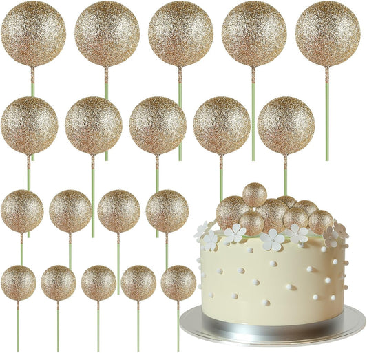 ASTARON 20 Pcs Ball Cake Topper Decorations Mini Balloons Cake Topper Sticks Champagne Gold Balls
