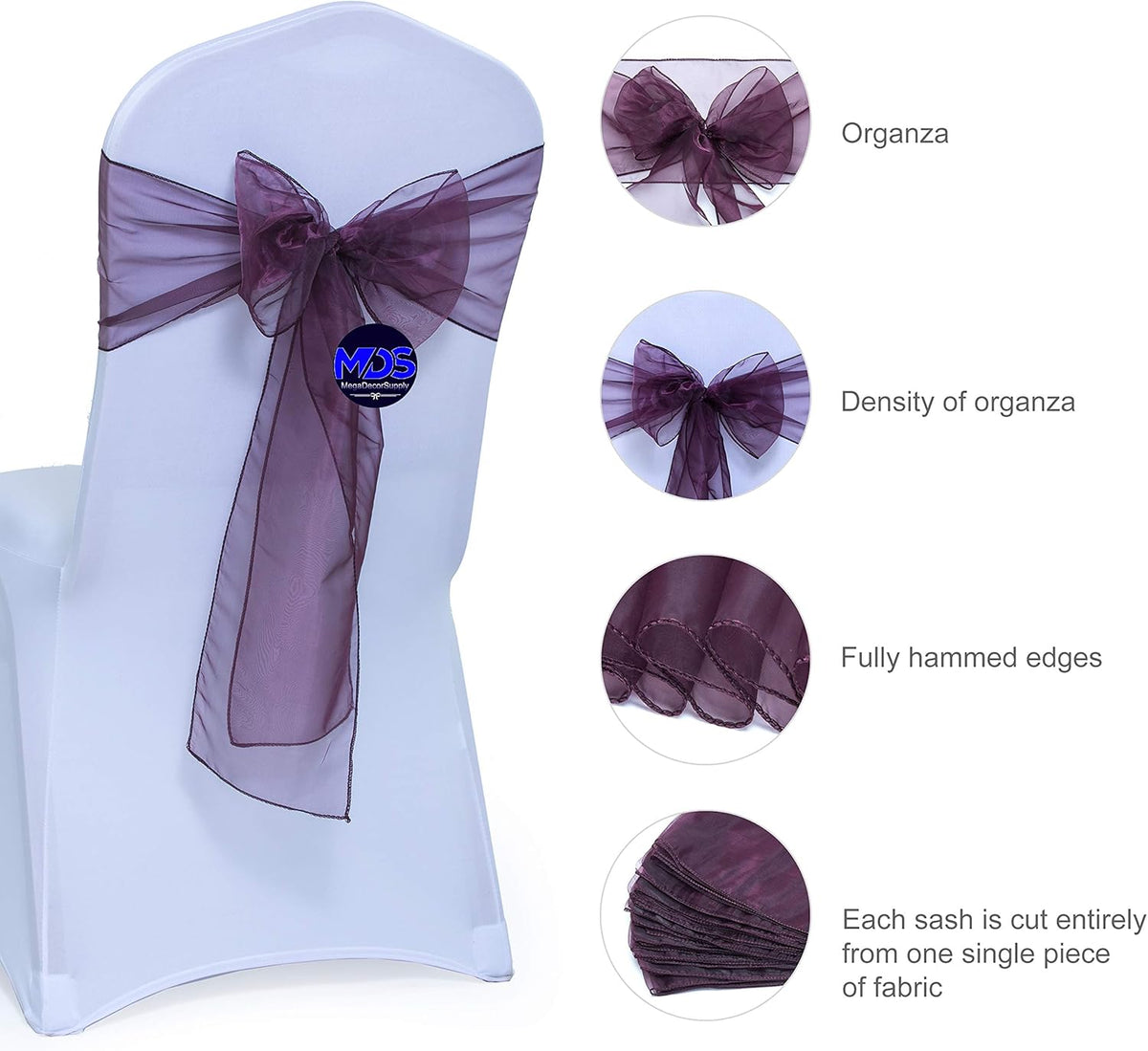 MDS Pack of 300 PCS Organza Chair Sashes Wider Dining Chair Bows Ribbon Tie Back for Wedding Party