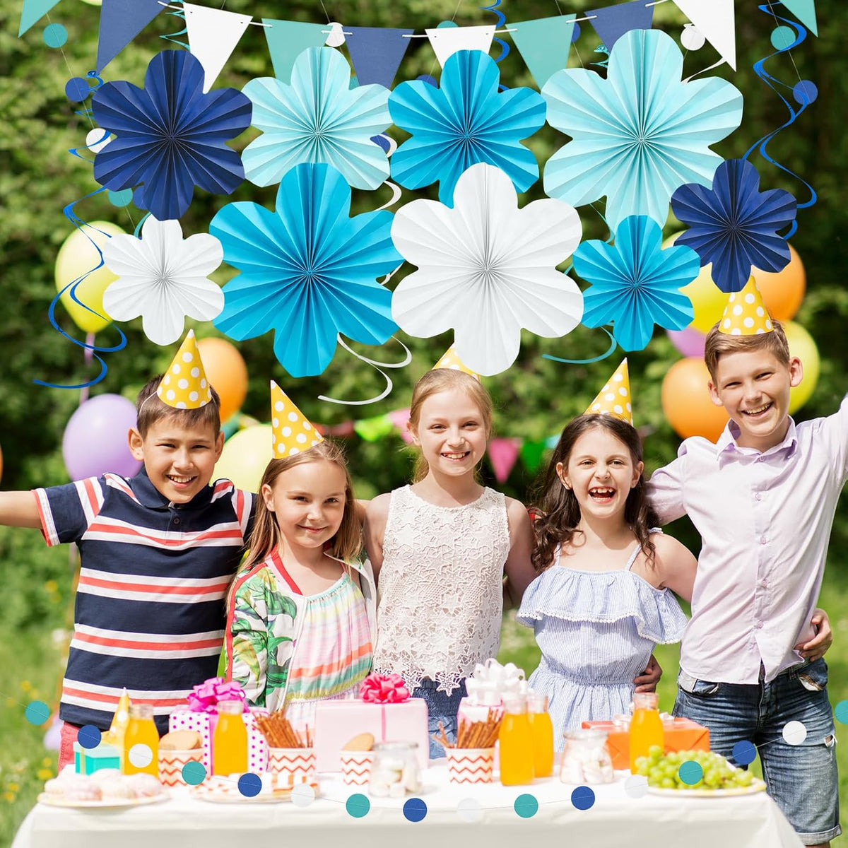 Navy Blue Party Decorations Set, 22 Pcs Hanging Paper Flowers, Tassel Garland & Swirls for