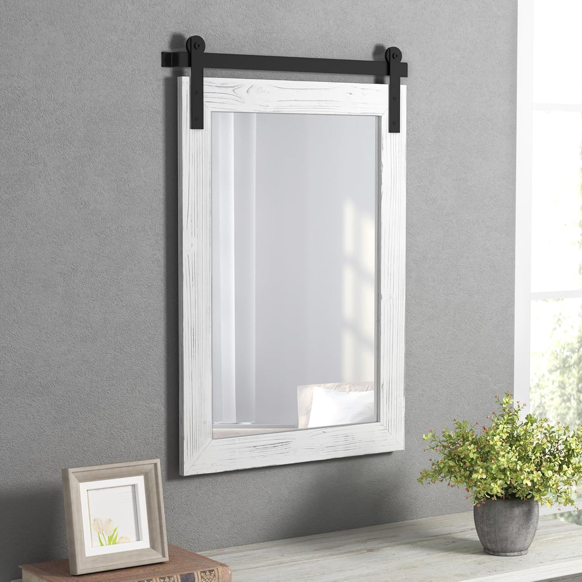 COGOOD Farmhouse Bathroom Mirror - 42 x 29 Rustic Barn Door Style Mirror for Living Room, Entryway