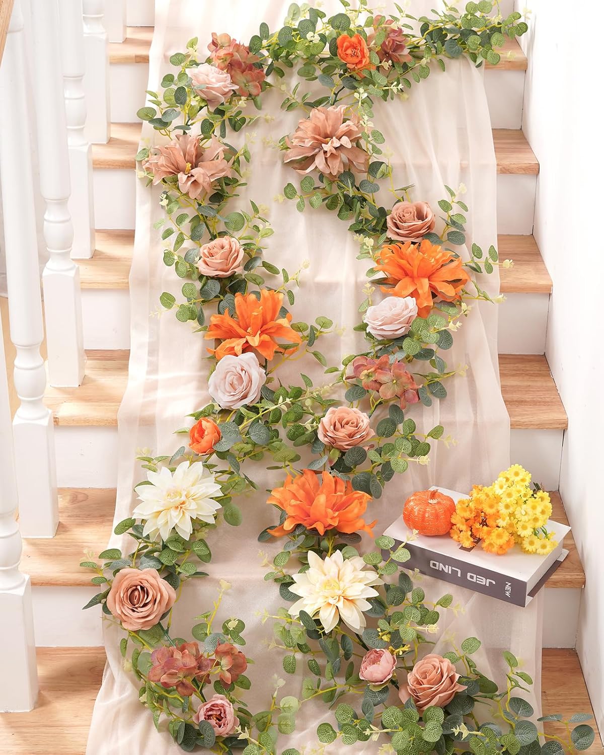 Waipfaru 2Pcs Fall Garland Decor, 6.07Ft Eucalyptus Flower for Table, Fall Floral With Terracotta