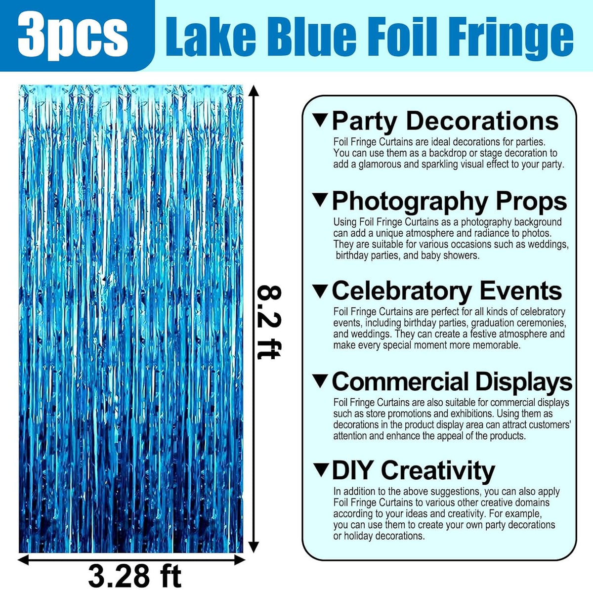 3 Pack Lake Blue Foil Fringe Curtain Backdrop, 3.28Ft x 8.2Ft Metallic Tinsel Foil Fringe Streamer