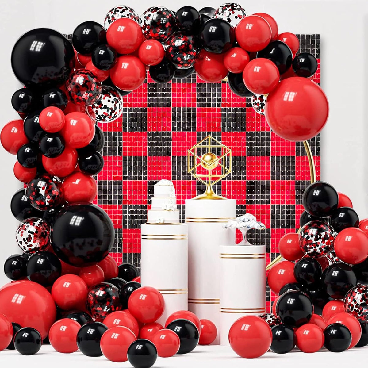 12PCS Black Red Shimmer Wall Backdrop, Square Sequin Photo Backdrops Panel, Glitter Wall Background