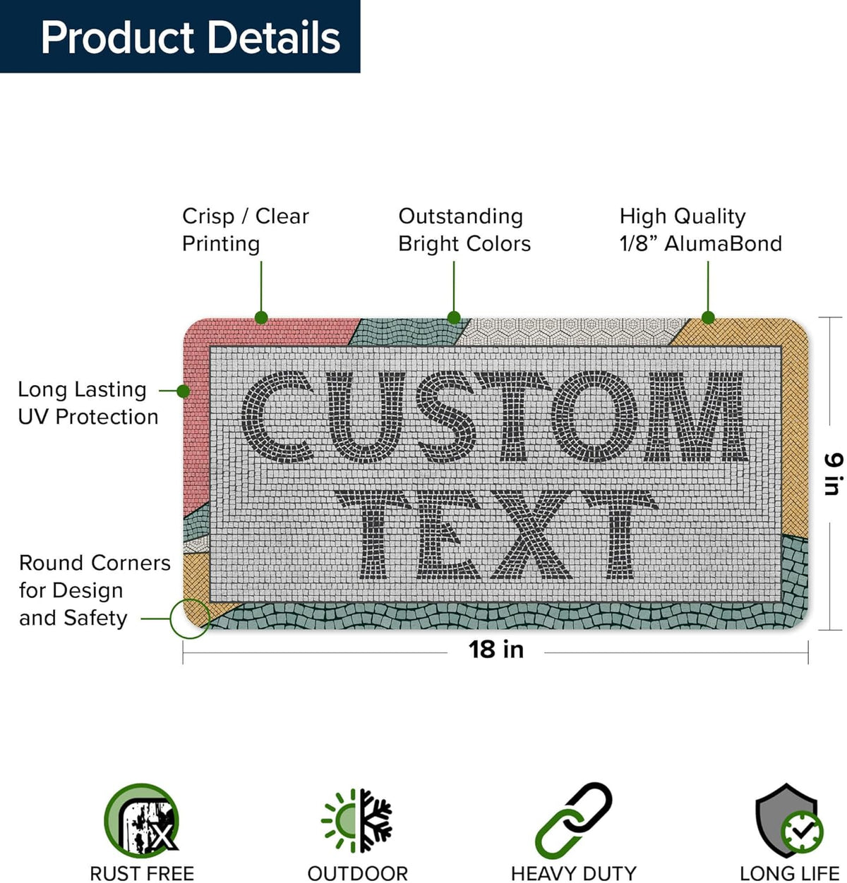 Custom Sign, Custom Street Sign, 11 Font Colors, 13 Font Styles, 4 Hole Options, 22 Sizes, 9x18