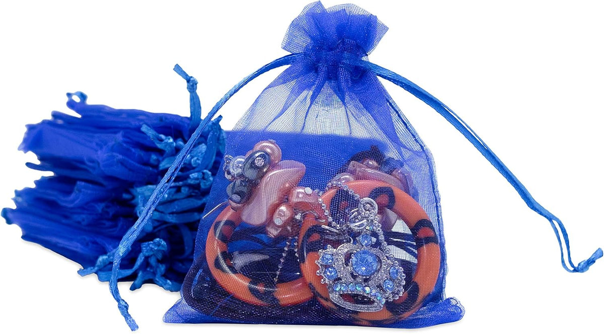 TheDisplayGuys 100-Pack 3x4 Royal Blue Sheer Organza Gift Bags with Drawstring, Jewelry Candy Treat