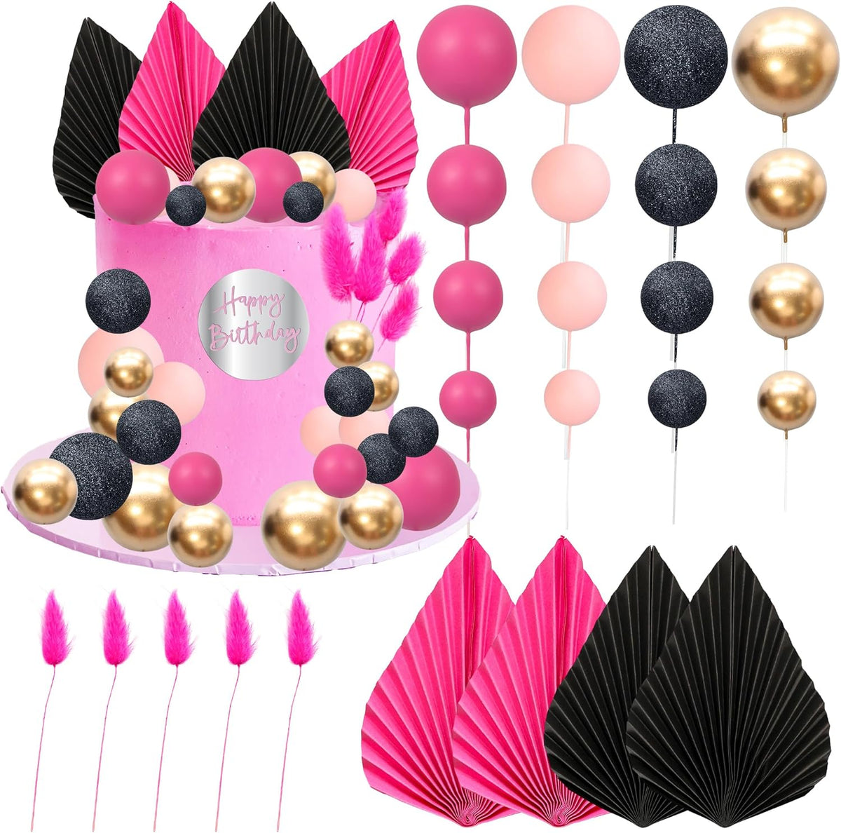 Ephlyn 33 Pack Balls Cake Toppers Boho Palm Leaves Cake Decorations Round Acrylic Happy Birthday