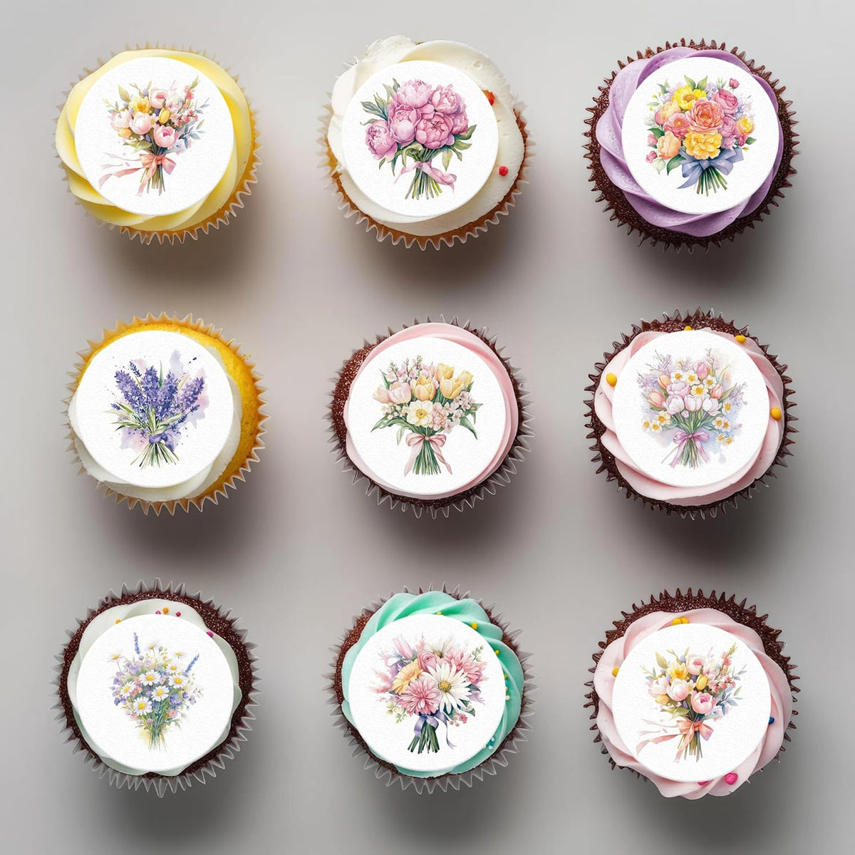36PCS Edible Flower Bouquet Cupcake Toppers Wafer Paper Roses Daisy Lavender Flower Bouquet