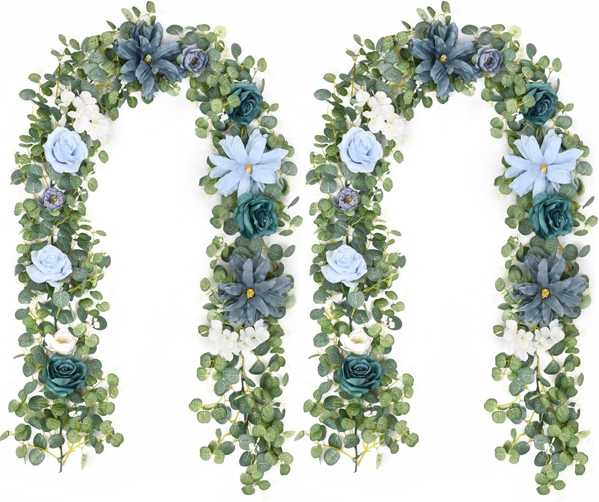 Waipfaru 2Pcs Artificial Eucalyptus Garland with Flowers 6.07Ft, Wedding Table Decorations, Floral