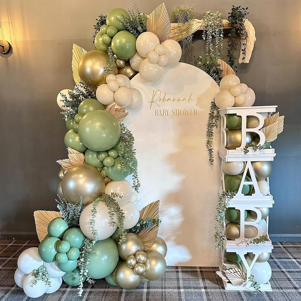 Sage Green Gold Balloons, 60 Pcs 12 Inch Olive Green White Balloons with Metallic Gold Confetti