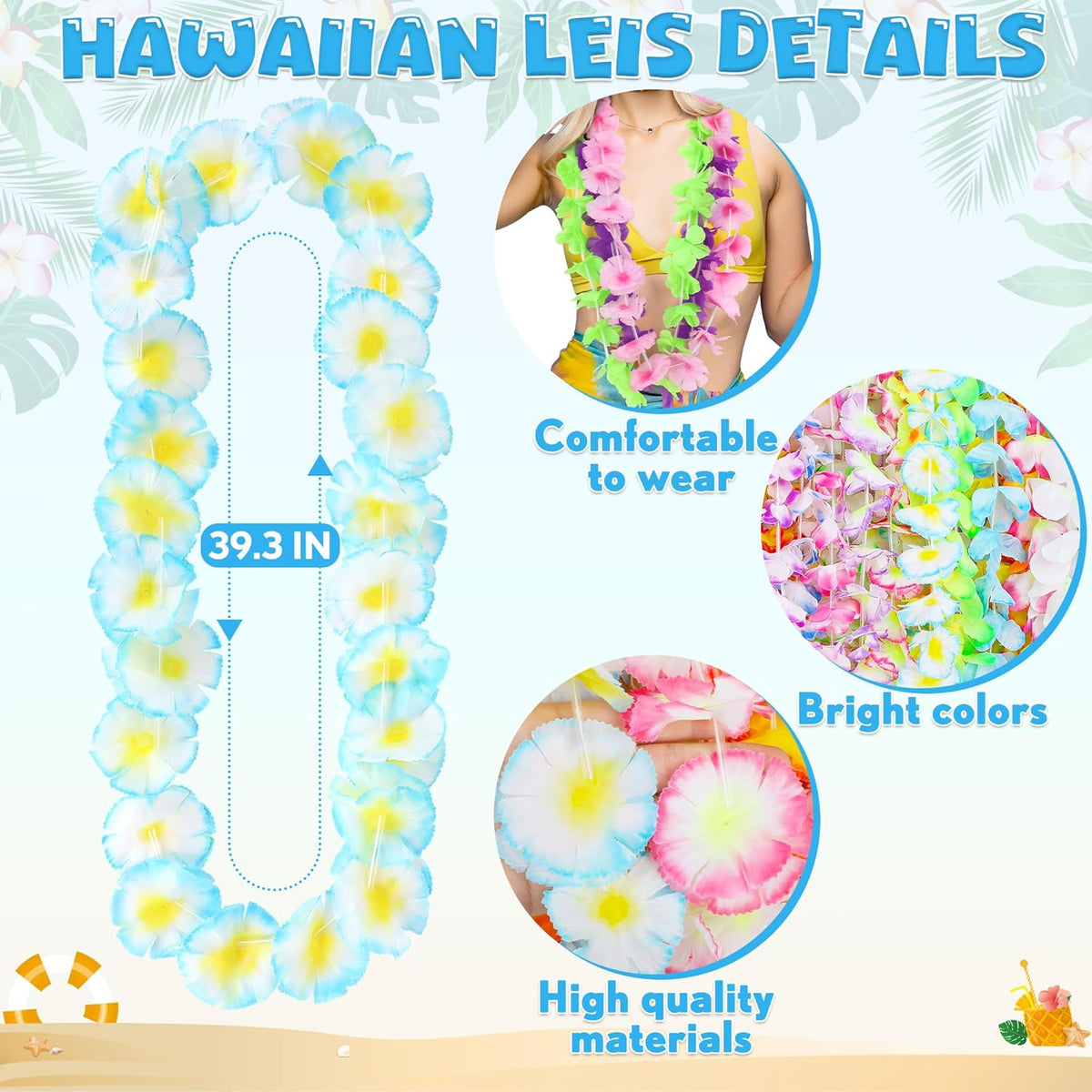 50PCS Hawaiian Leis, Leis for Luau Party Decor, Hawaiian Leis Colorful Tropical Theme Silk Flower