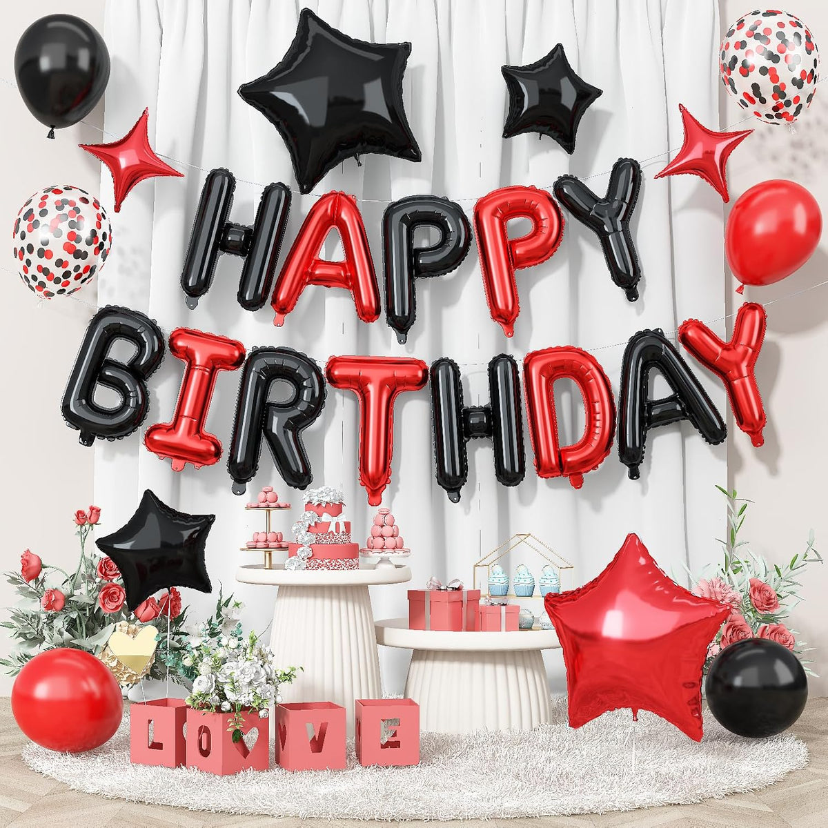 Happy Birthday Balloon Banner Red and Black, 16 Inch Mylar Foil Letter Balloons, Reusable Birthday