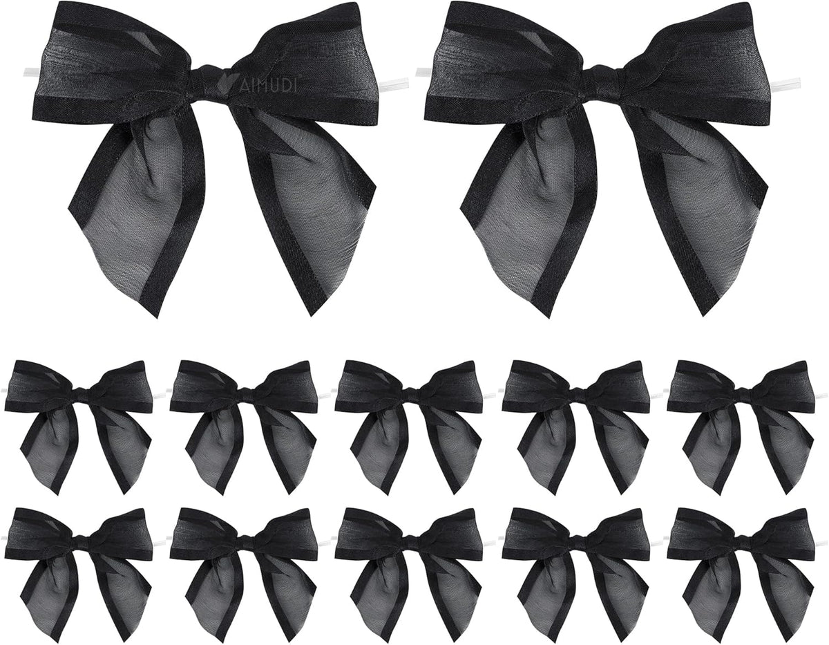 AIMUDI Black Bows for Crafts 4" Organza Bows Premade Twist Ties Bows for Gift Wrapping Treat Bags