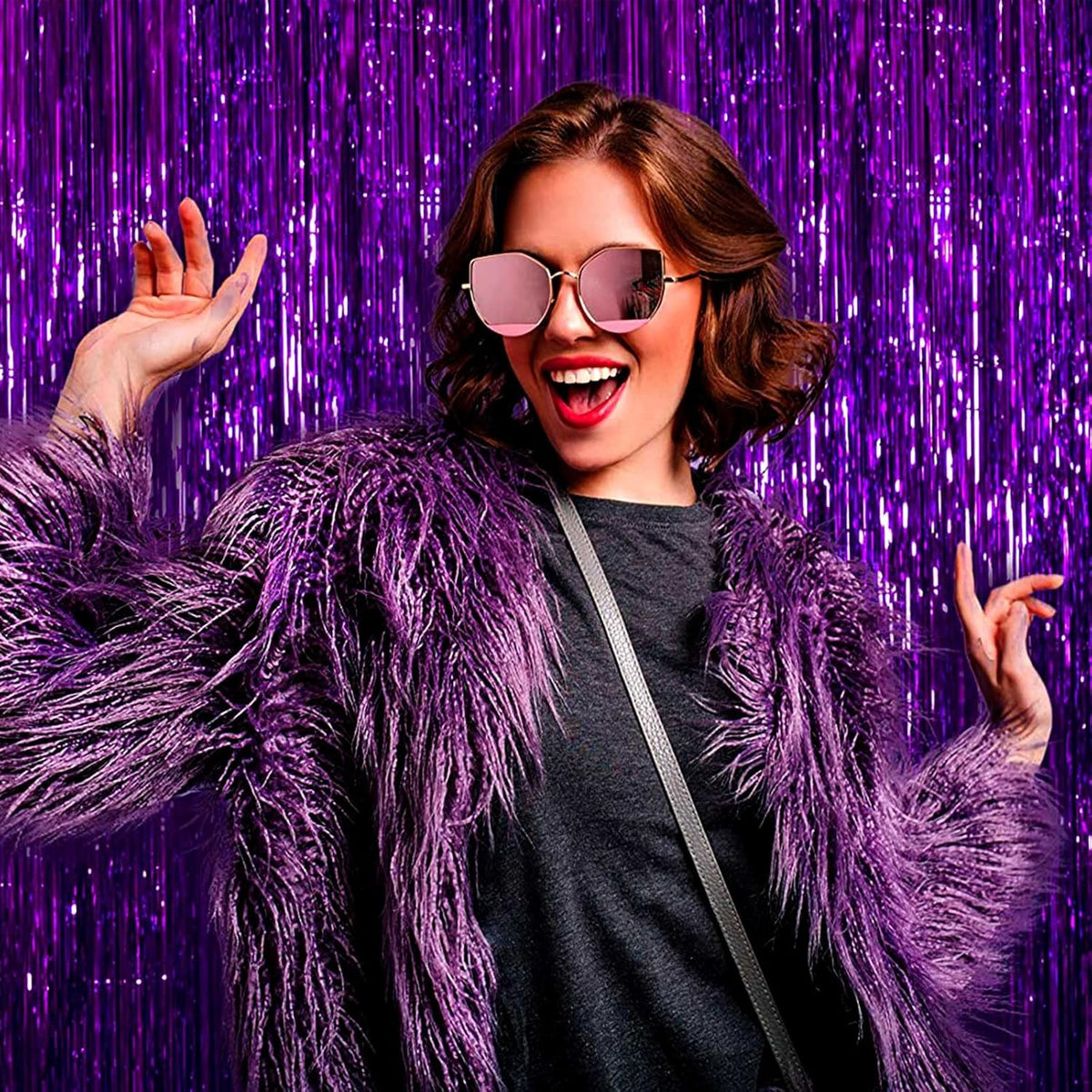 4 Pack Purple Foil Fringe Curtain Backdrop, 3.28Ft x 8.2Ft Metallic Tinsel Foil Fringe Streamer for