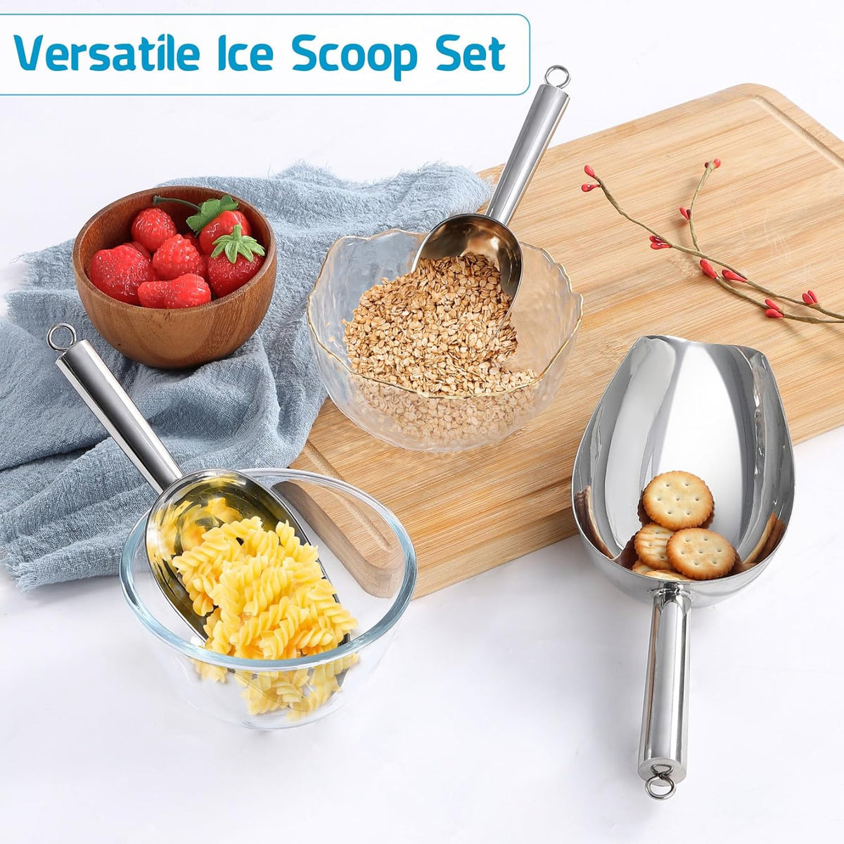 P&P CHEF Canister Scoop Set of 3, Ice Candy Scoop, Stainless Steel Multipurpose Food Scooper for
